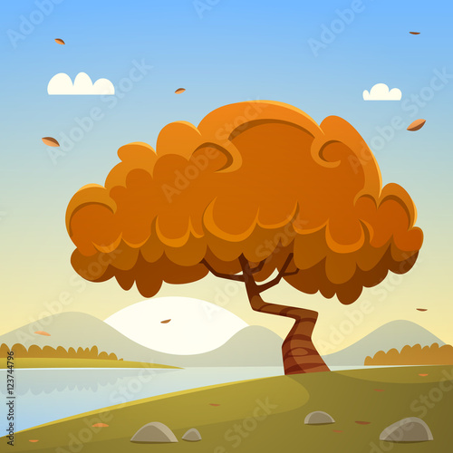Autumn countryside cartoon landscape, lake and tree.
