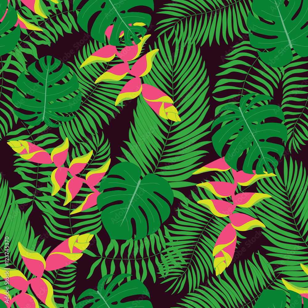 Seamless pattern with hand-drawn tropical leaves and flowers