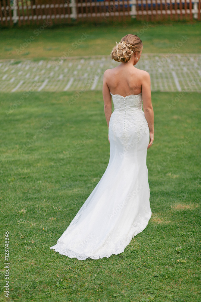 Bride in the beautiful dress and nice hairstyle
