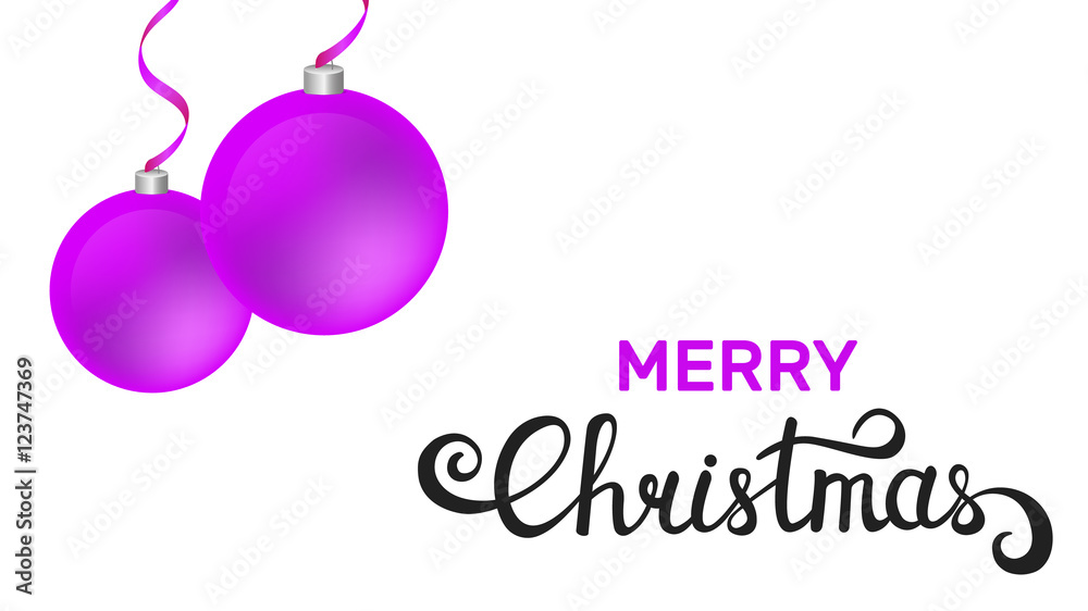 Merry Christmas card with Christmas balls and hand written caligraphy. Christmas template for greeting card