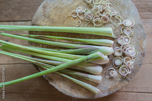 Lemongrass close up with wood background