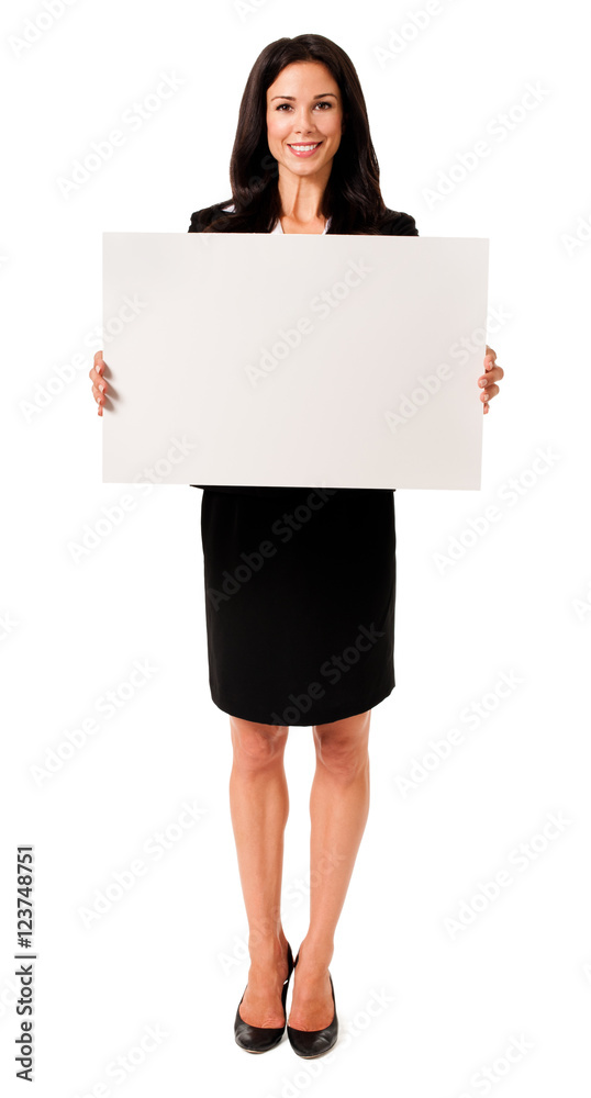 Full-length businesswoman with blank sign isolated on white background Full-length businesswoman with blank sign isolated on white background