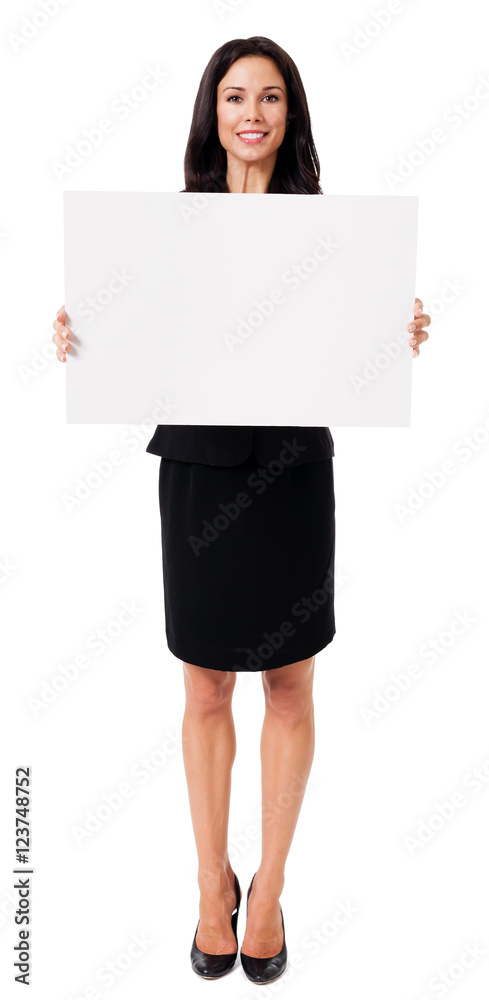 Full-length businesswoman with blank sign isolated on white background Full-length businesswoman with blank sign isolated on white background