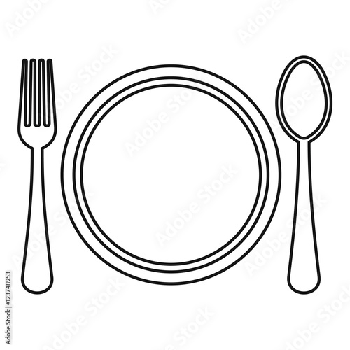 Plate, spoon and fork icon. Outline illustration of plate, spoon and fork vector icon for web