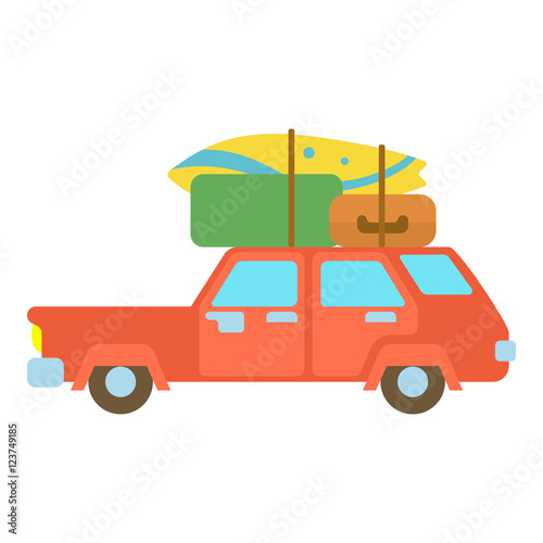Red hatchback car with roof rack top cargo luggage icon. Cartoon illustration of hatchback vector icon for web © ylivdesign