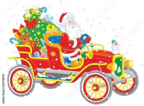 Santa Claus driving his old car with a big bag of Christmas gifts