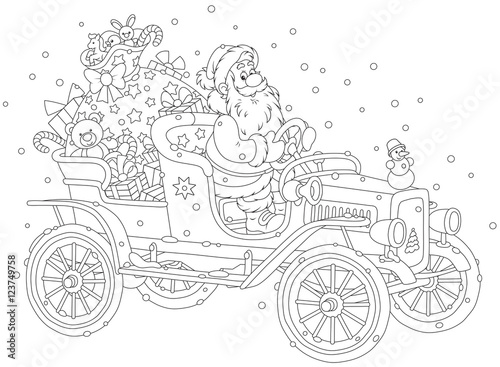 Santa Claus driving his old car with a big bag of Christmas gifts