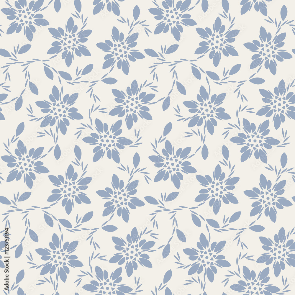 Beautiful seamless pattern with blue flowers and leaves