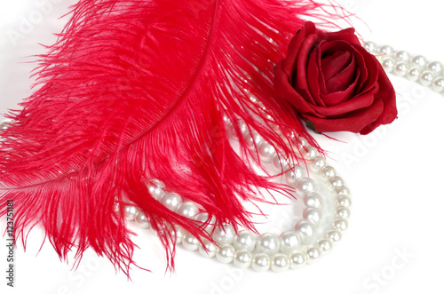 Strings of pearl beads and ostrich red feathers - vintage style