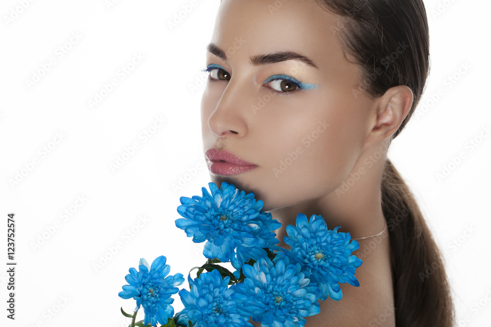 woman beauty portrait with blue flowers woman beauty portrait with blue flowers