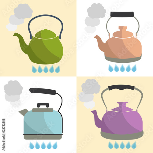 Set of kettle boils with water flat style vector illustration. Kitchen utensils stock illustration.
