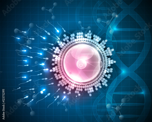 Ovum fertilization drawing, beautiful design on a blue DNA scientific background