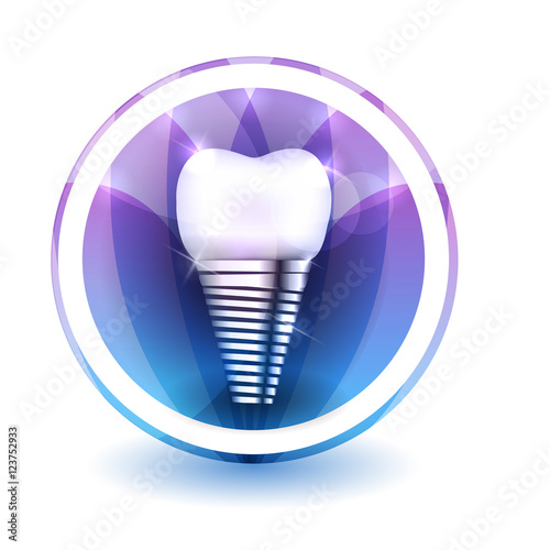 Tooth implant sign, round shape colorful overlay flower petals at the background