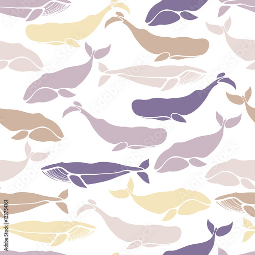 Seamless pattern with whales. Bowhead whales  the sperm whale  the blue whale. Silhouettes of sea mammals.