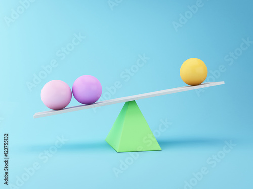 Spheres 3d Balancing on a Seesaw. Business concept.