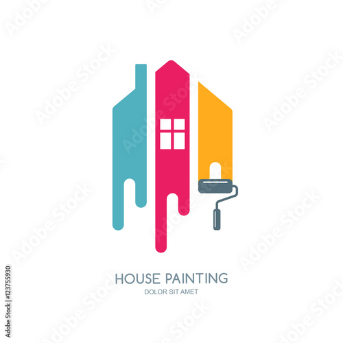 House painting service, decor and repair multicolor icon. Vector logo, label, emblem design. Concept for home decoration, building, house construction and staining.