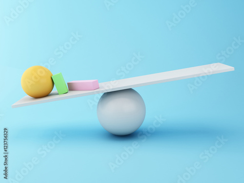 3d Different geometric shapes balancing on a seesaw.
