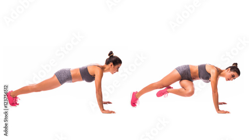 young woman doing exercise Grasshopper Pushup