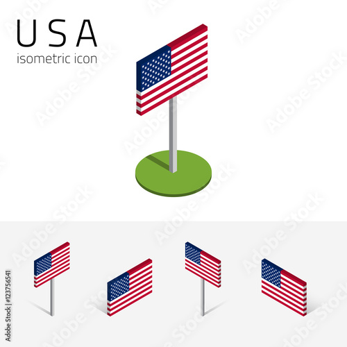 American flag (United States of America), vector set of isometric flat icons, 3D style, different views. 100% editable design elements for banner, website, presentation, infographic, poster, map