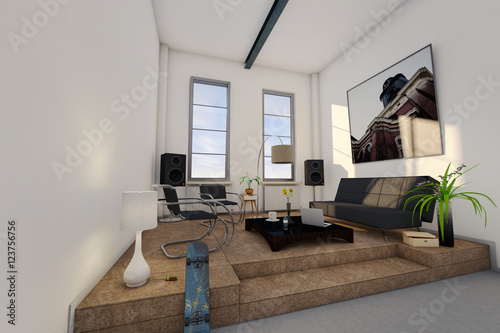 Fototapeta Naklejka Na Ścianę i Meble -  Loft, Apartment, Wohnung 3D-Simulation