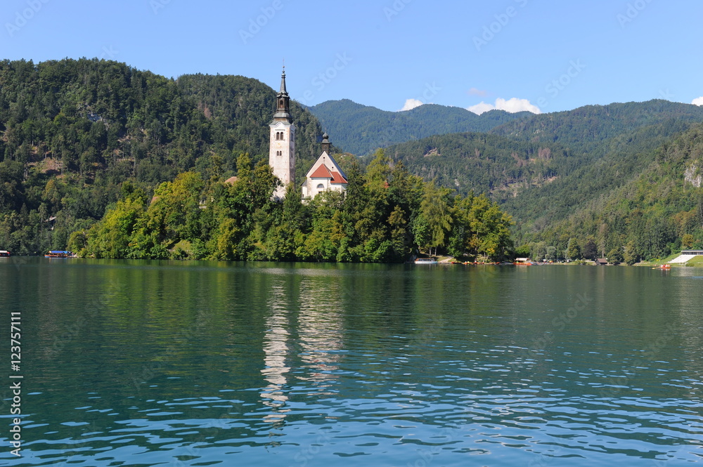 Lake Bled with St. Marys Church of the Assumption on the small island, Slovenia