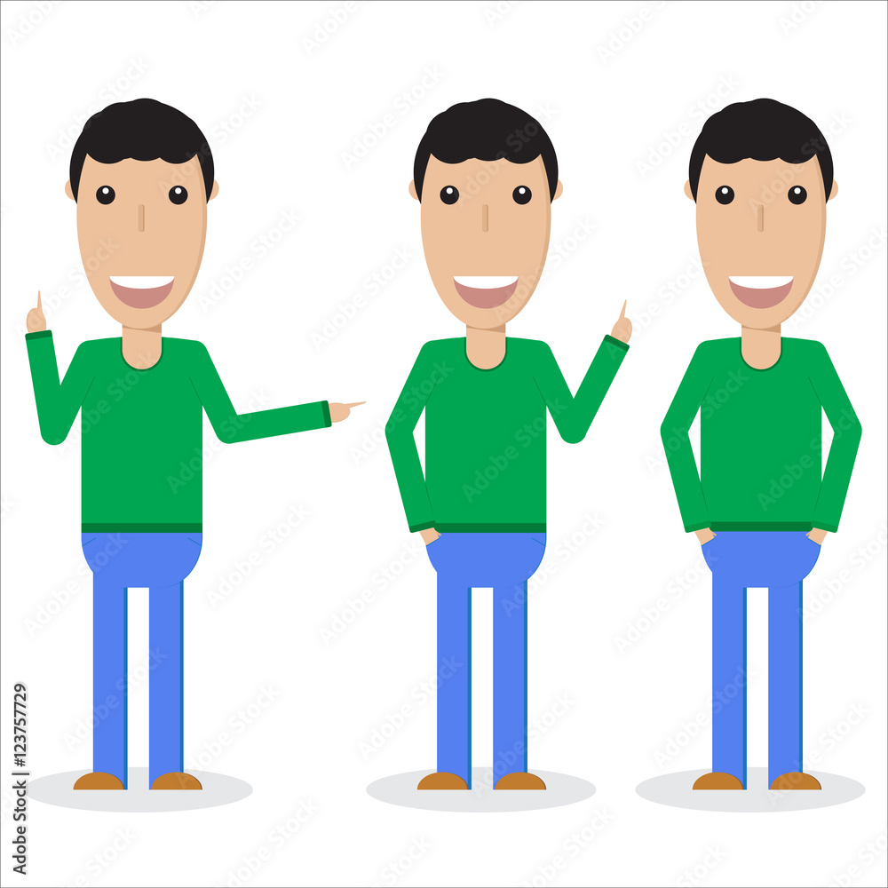 Set of three male persons in different poses flat vector image isolated on white. Set of three male persons in different poses flat vector image isolated on white.