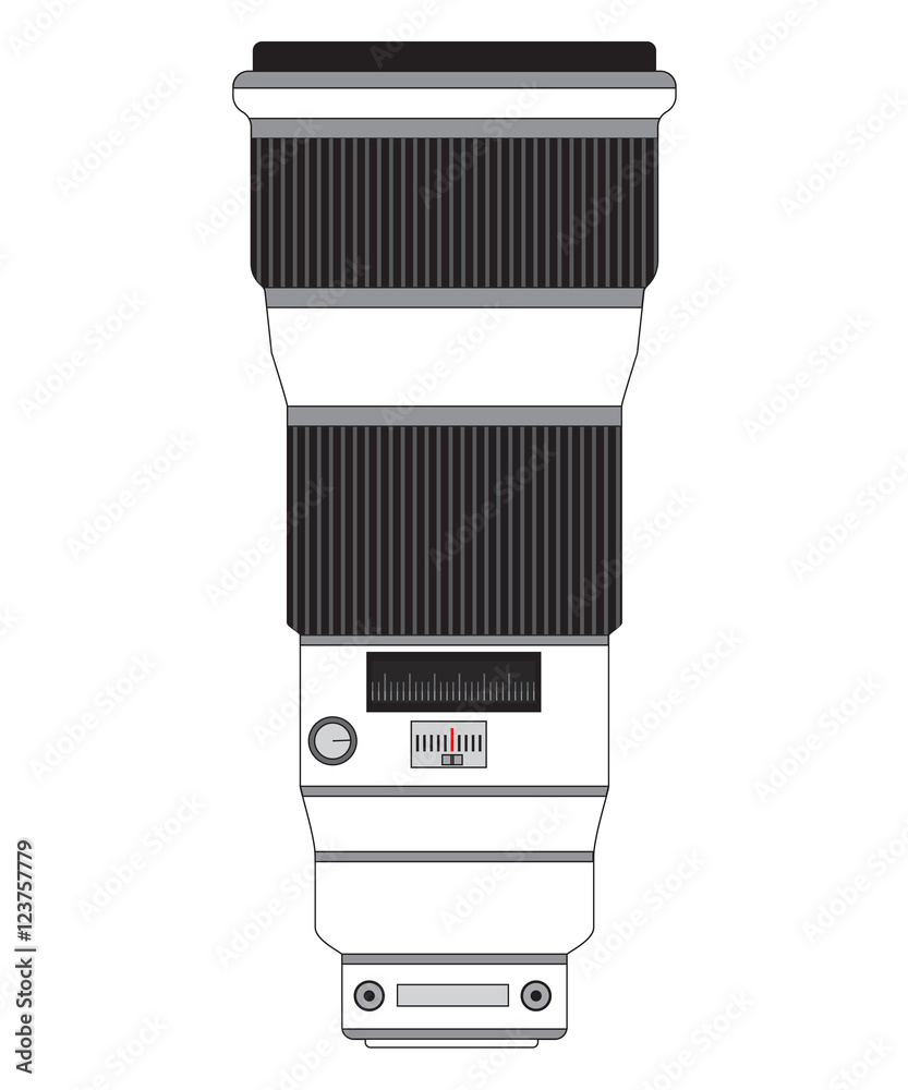 Professional telephoto lens vector image isolated on white, vertical.