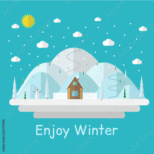 Sunny winter day landscape with clouds and snow-covered hills with small log house. Flat style