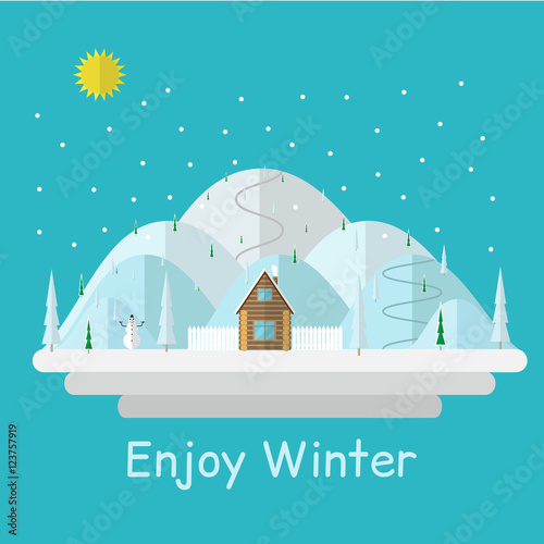 Sunny winter day landscape with falling snow, snow-covered hills and small log house. Flat style