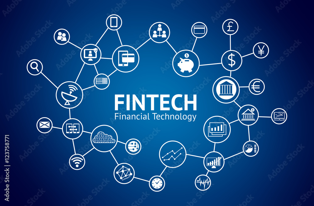 Fintech concept. Icons of financial technology, bank , world currencies , graph , smart phone , investment , technical chart , cloud network , internet of things(iot) with blue background Fintech concept. Icons of financial technology, bank , world currencies , graph , smart phone , investment , technical chart , cloud network , internet of things(iot) with blue background