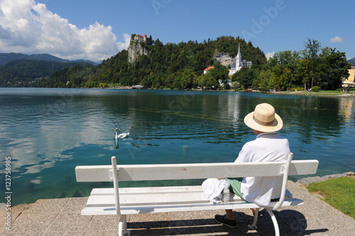 Old man enjoying the Bled Lake scenery, Slovenia