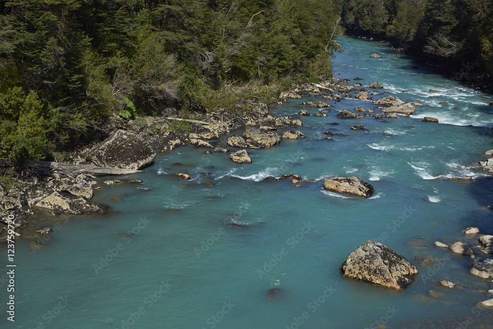 Clear blue waters of the Rio Frio on the Carretera Austral road in the Aysen Region of southern Chile.