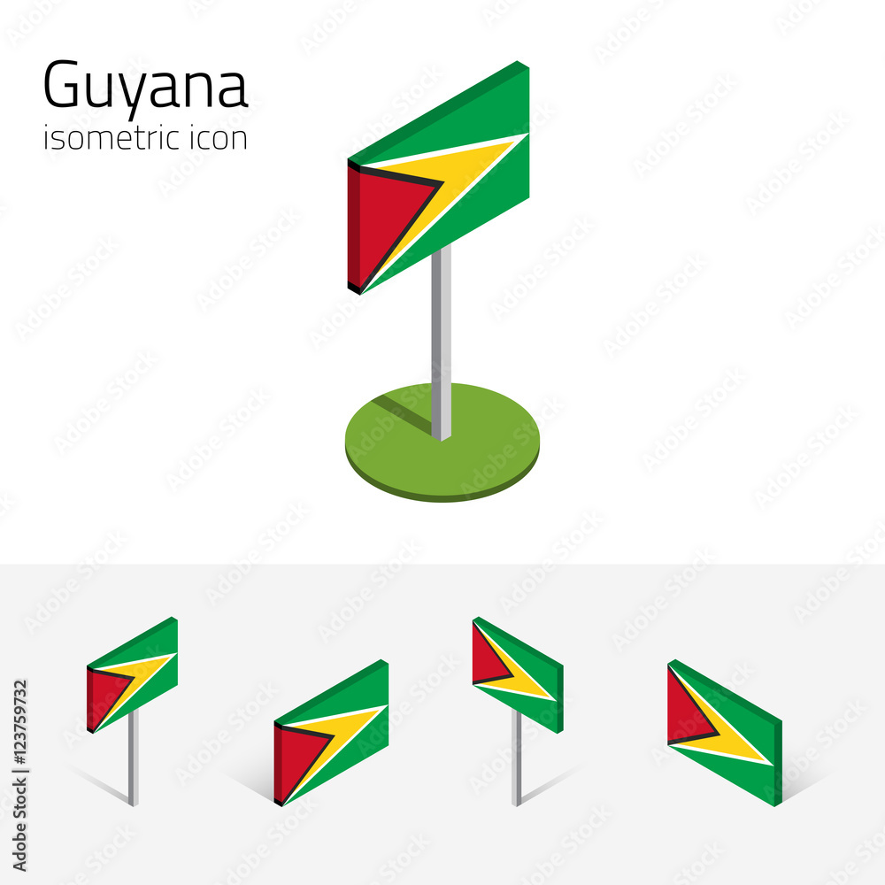 Guyanese flag (Co-operative Republic of Guyana), vector set of isometric flat icons, 3D style, different views. Editable design elements for banner, website, presentation, infographic, map. Eps 10 Guyanese flag (Co-operative Republic of Guyana), vector set of isometric flat icons, 3D style, different views. Editable design elements for banner, website, presentation, infographic, map. Eps 10