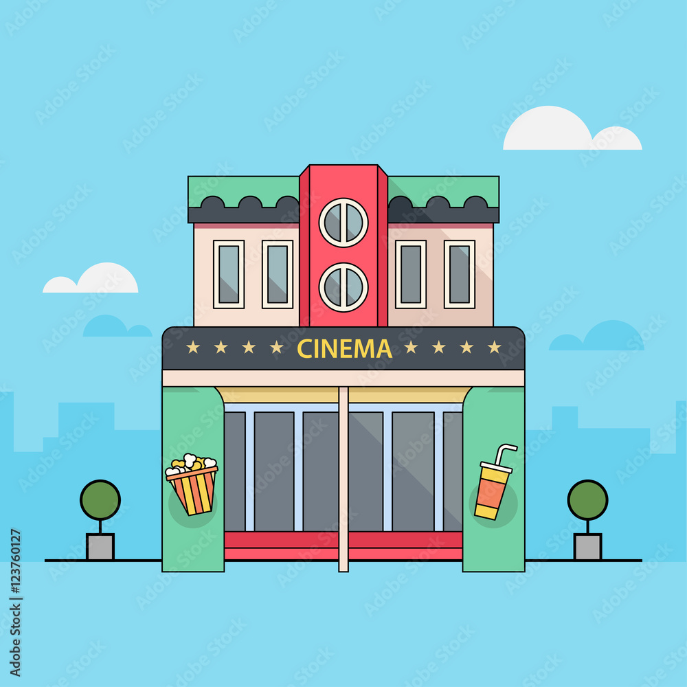 Fototapeta premium Cinema theater building detailed flat icon.