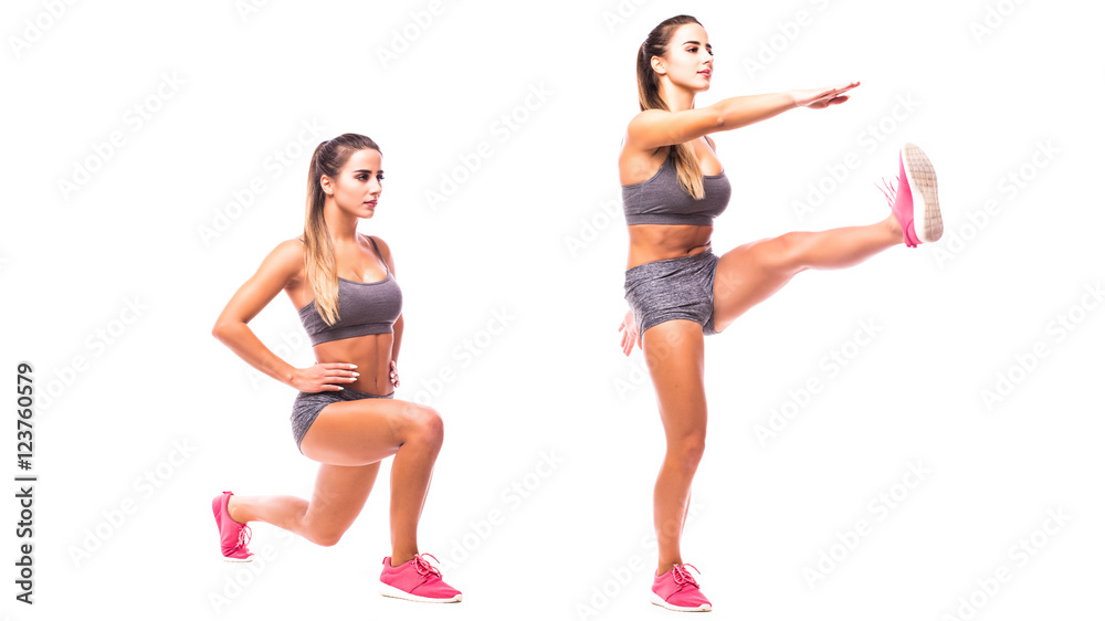 Reverse Lunge and Kick. Young woman doing sport exercise.