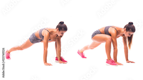 Lunge Mountain Climber. Young woman doing sport exercise.
