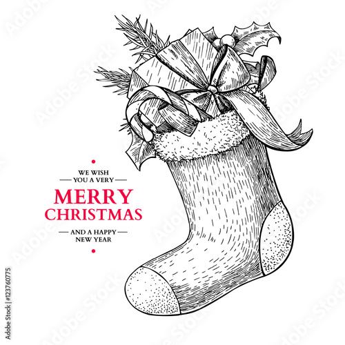 Christmas sock with holly, mistletoe, fir tree, candy and gift. 
