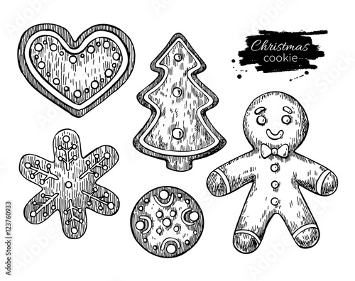 Gingerbread Christmas cookies decorated with icing. Hand drawn v