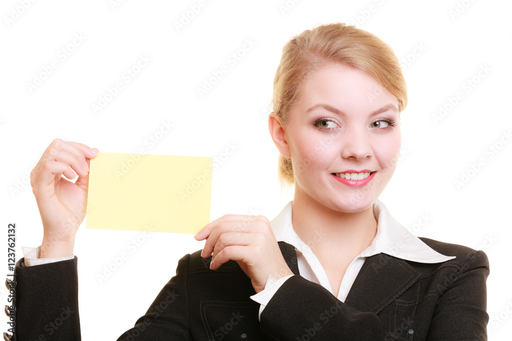 Ad. Businesswoman holding blank copy space card Ad. Businesswoman holding blank copy space card