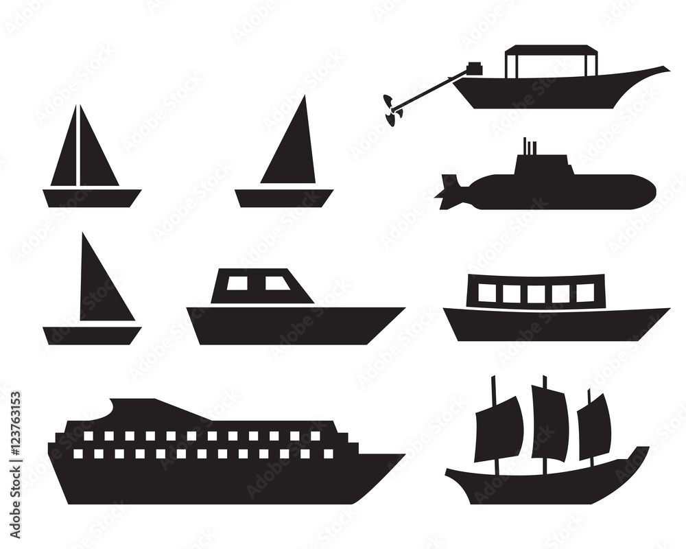 Ship and boat icons in simple style, vector
