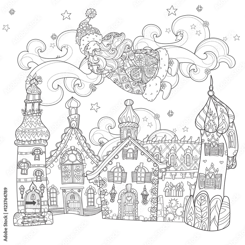 Vector cute christmas fairy tale town doodle.