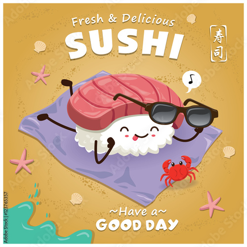 Vintage Sushi poster design with sushi character. Chinese word means sushi.