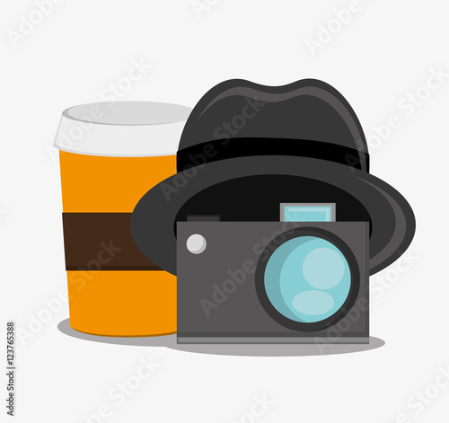 Coffee camera and hat icon. Hipster style vintage retro fashion and culture theme. Colorful design. Vector illustration
