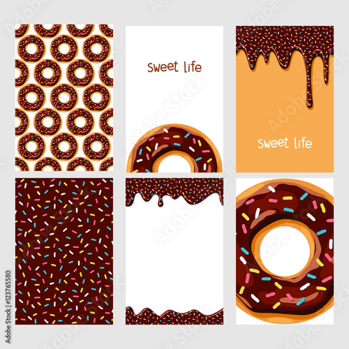 Set of bright food cards. Set of donuts with chocolate glaze. Donut seamless pattern.