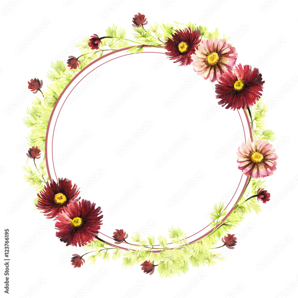 Round frame with daisies. Hand draw watercolor illustration.