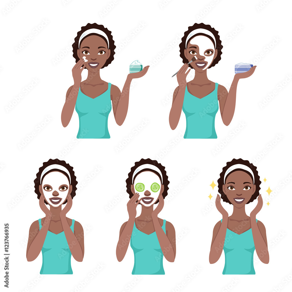 Attractive pretty young black woman dressed in casual t-shirt care her face  and skin, using cream and applying natural mask. Facial treatment  procedures, african american, healthy lifestyle. Stock-Vektorgrafik | Adobe  Stock