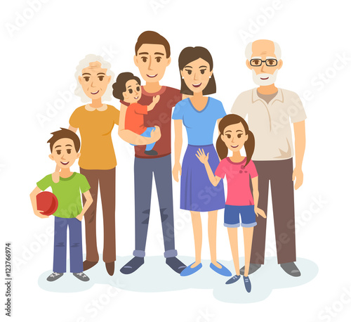 Cartoon portrait of big family. Mother, father, grandparents and children are happy together. Vector illustration.
