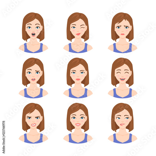 Set of isolated vector illustrations in cartoon style of beautiful woman with different emotions and facial expressions.