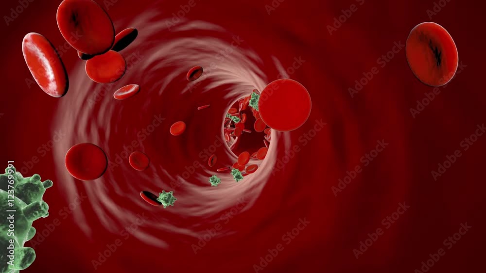 Flowing Microbe Cells such as Bacteria, a Virus or Germ in a Vein or Artery.
