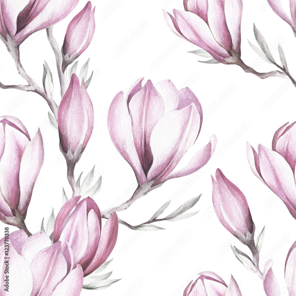 Fototapeta premium Seamless pattern with blooming magnolia twig. Watercolor illustration.